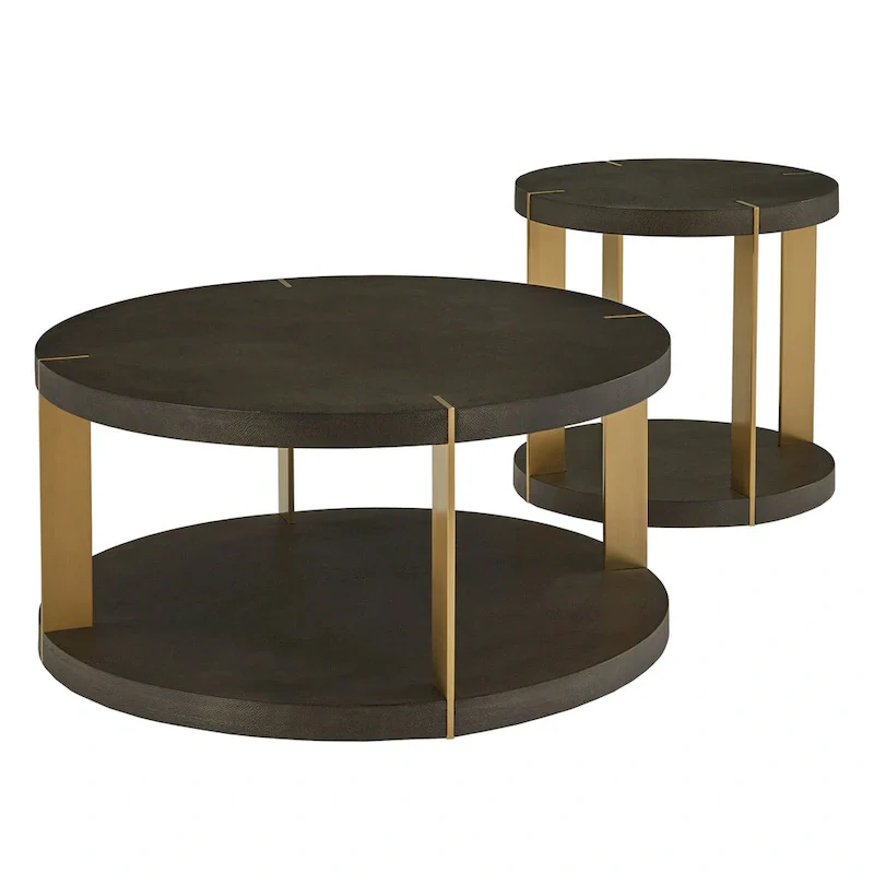 Gold Metal Dark Brown Faux Shagreen Round Table