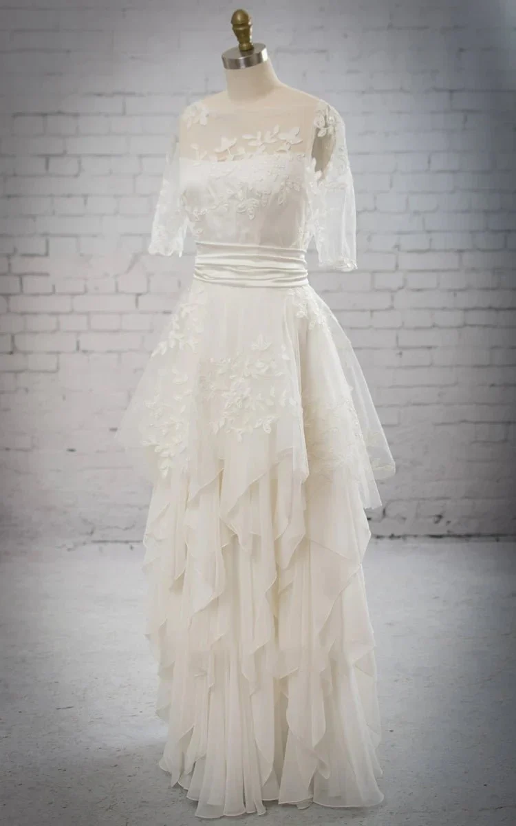 Stunning Illsion Neck Half-sleeved Ruffled Dress With Removable Embriodery Peplum