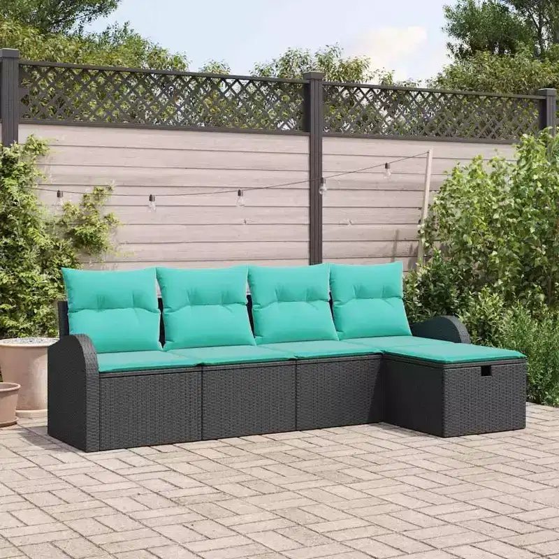 vidaXL Garden Sofa Set with Cushion 5 pcs Black Poly rattan - Black without table Blue