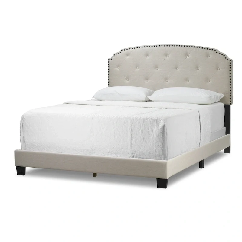 Beige Fabric Queen Bed with Button Tufting & Black Nail Head Trim, 1-Person