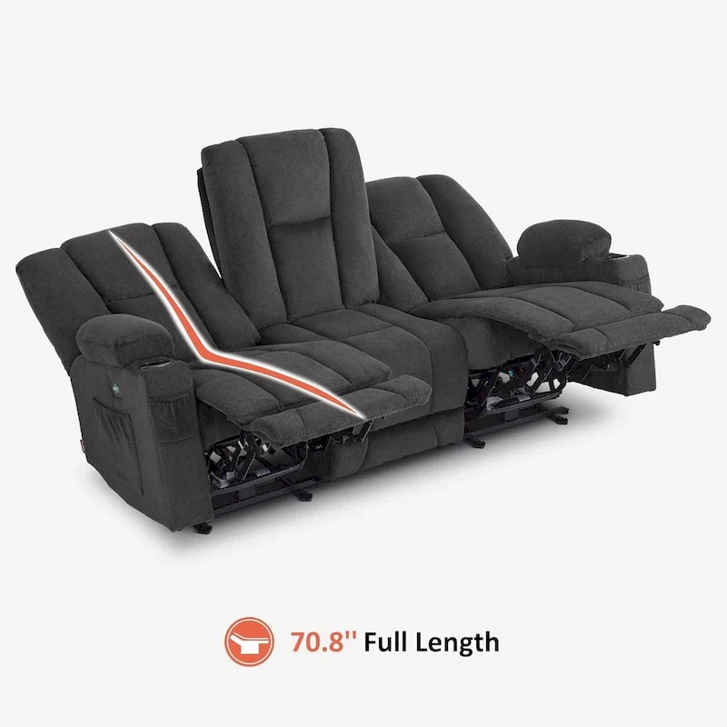 Electric Power Reclining Sofa with Massage and Lumbar Heat, Fabric