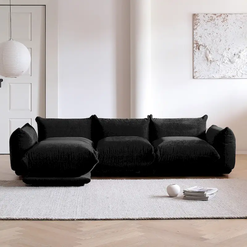 Modern Black Chenille Sectional Sofa Comfy Modular Couch with Ottoman