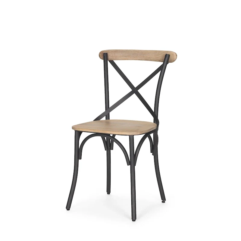 Light Brown Wood & Gun Metal Iron Dining Chair, Set of 2