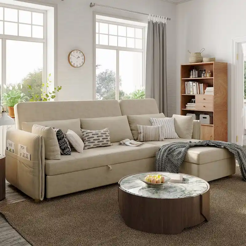 L-Shape Sofa Bed with Scratch-Resistant Fabric and Solid Wood Frame