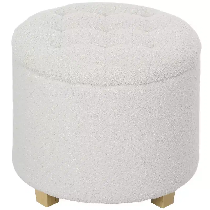 HOMCOM 18 Round Ottoman with Storage, Teddy Fleece Button Tufted Bedroom Stool with Removable Lid and Wood Legs for Living Room, Hallway, White