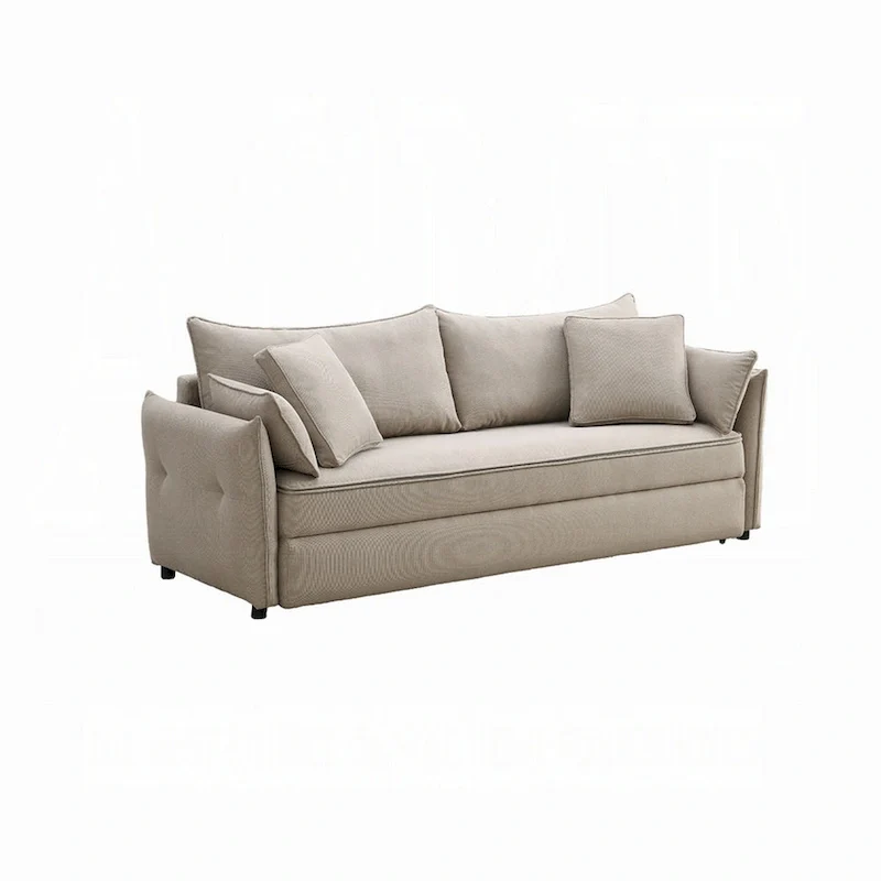 Leif Sofa with Full Size Pull Out Sleeper, 87 Inch Wood, Beige Fabric