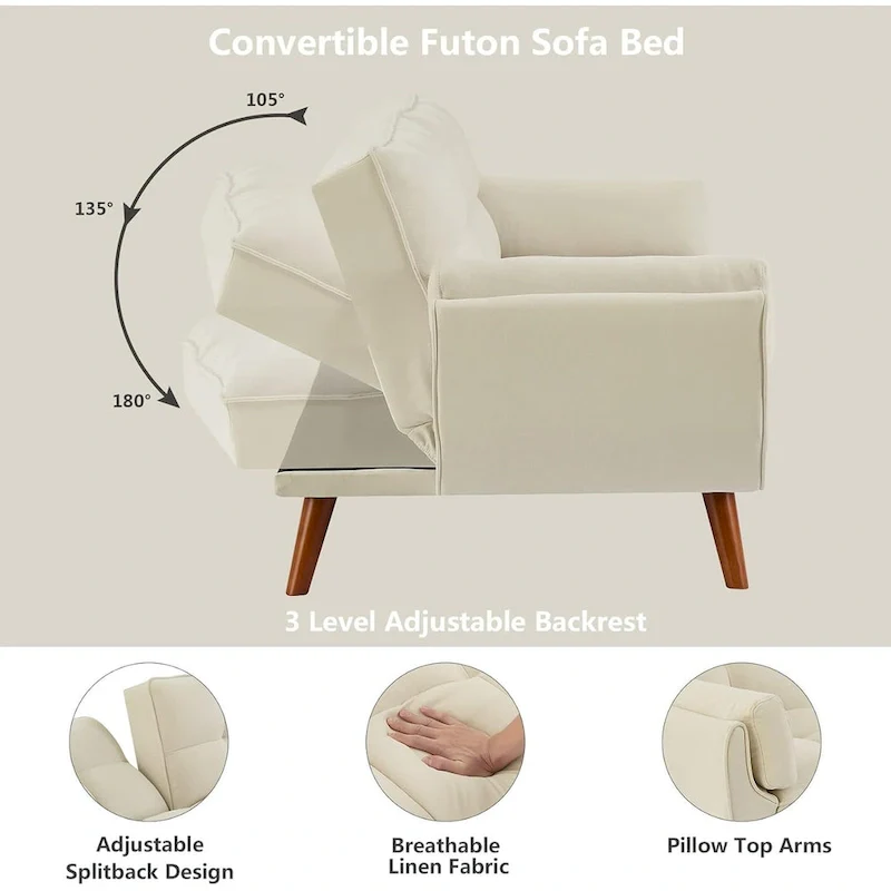 75.39 IN. Futon Sofa Bed, Convertible Upholstered Couch Sleeper with Reclining Sleeper Split Tufted Back