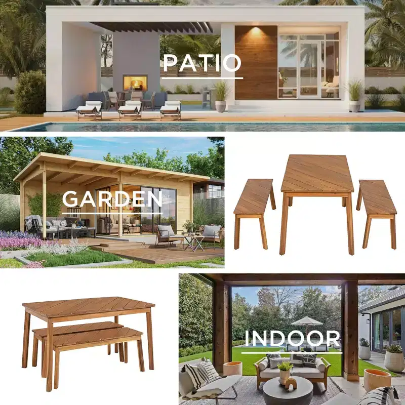Whisen Outdoor Wood Dining Set with 2 Benches, Acacia Wood Picnic Beer Table for Patio, Porch, Garden - Natural
