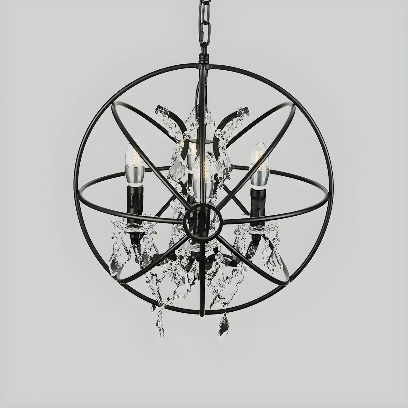 4-Light Industrial Black Iron Chandelier with Crystal