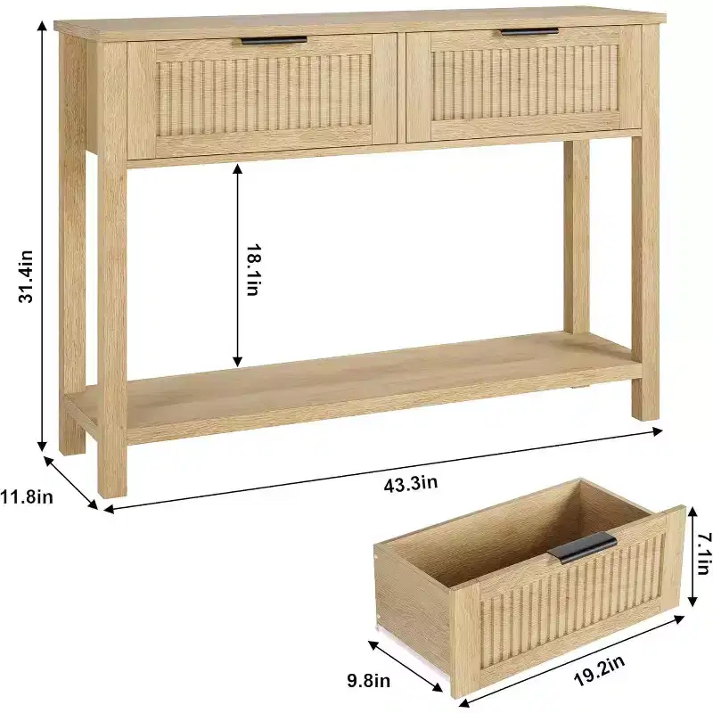 Fluted Entrance Table with 2 drawers, Console Table for Entrance, Wooden Sofa Table for Living Room, Hallway, Hallway, Burlywood