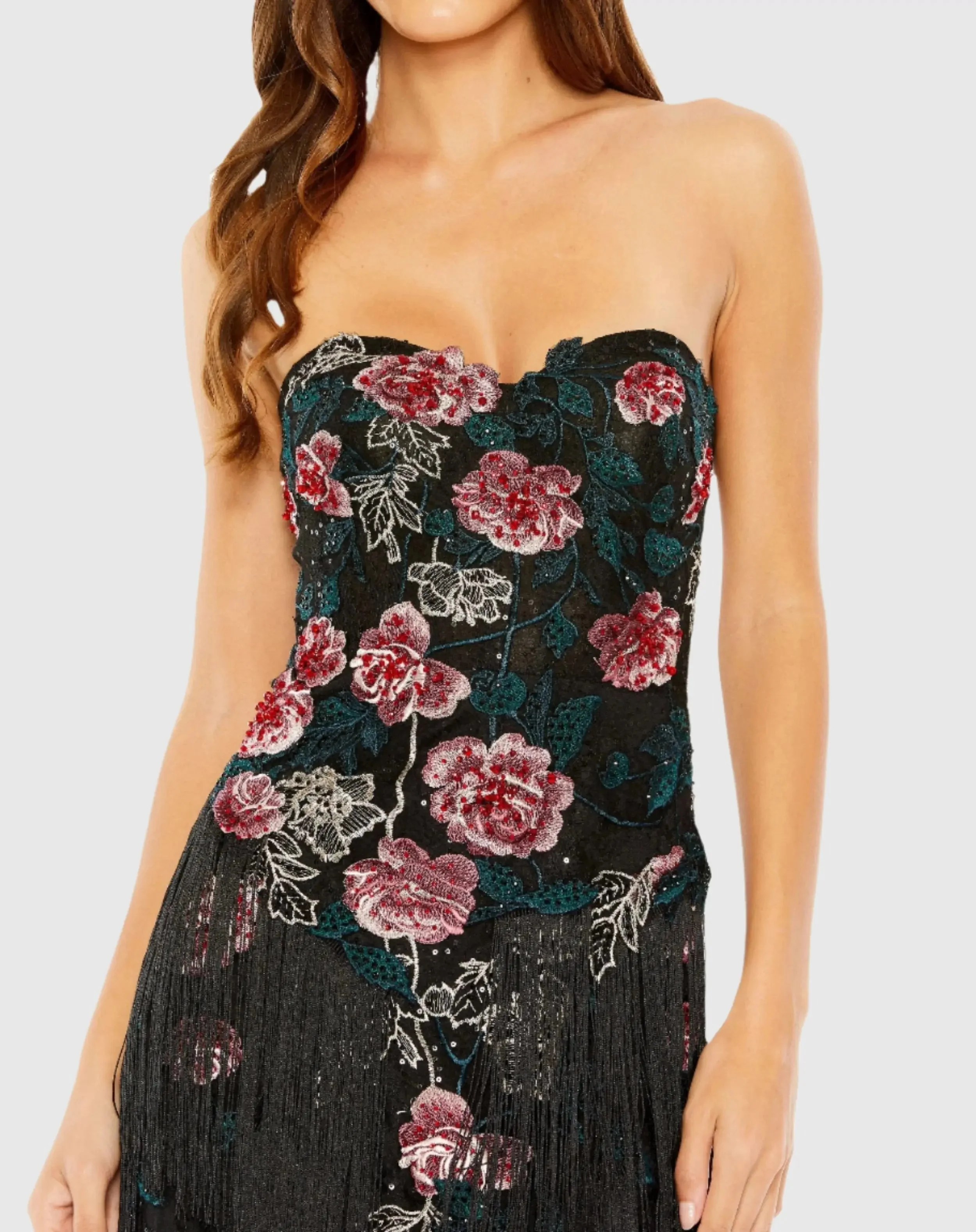 Black Strapless Floral Embroidered Midi Dress With Fringe Detailing