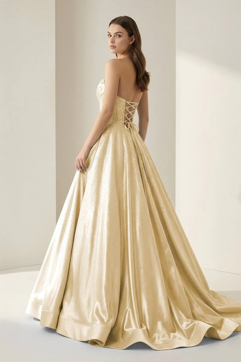 Yellow - Strapless A Line Satin Beaded Long Prom Dresses With Pockets