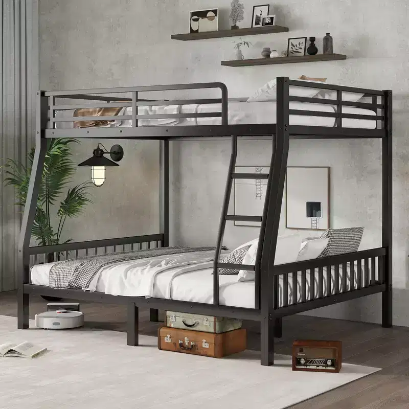 TUYOHW Full XL Over Queen Bunk Bed with Ladder,Metal Bunk Bed Frame with Safety Guardrail and Slats Support for Kids Teens Dorm Rooms,Black