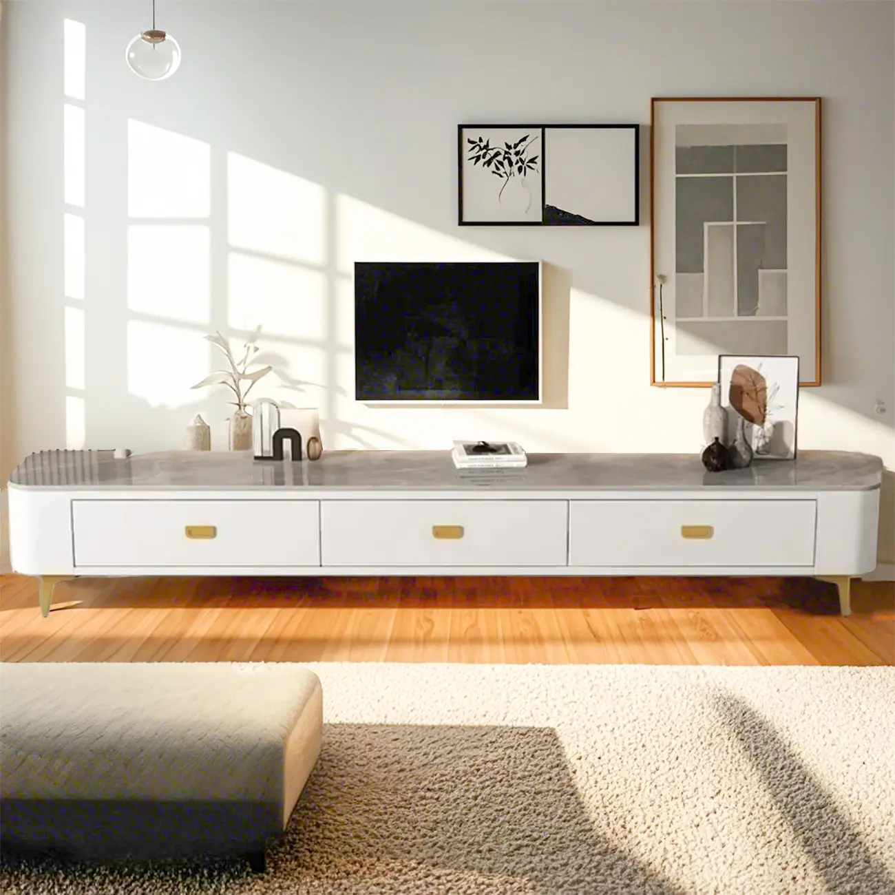 Modern Marble Top TV Stand with Enclosed Storage for Living Room