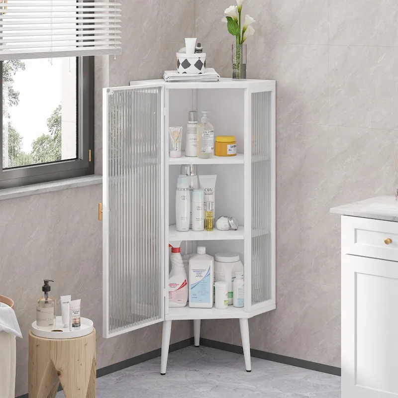 22.25  Floor Coner Cabinet,Three Tiers with Tempered Glass Doors and Storage Shelves for Bathroom, Living Room and Bedroom