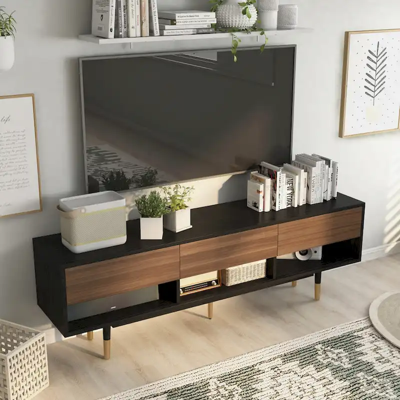 Mid-Century Modern Black 71-inch 3-Shelf TV Console