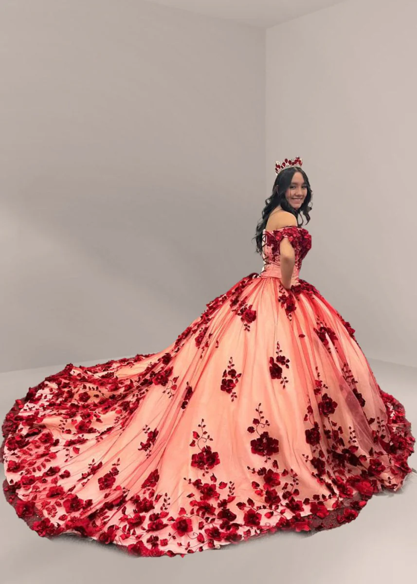 Red Off The Shoulder Tulle Quinceanera Dresses With Lace Appliques