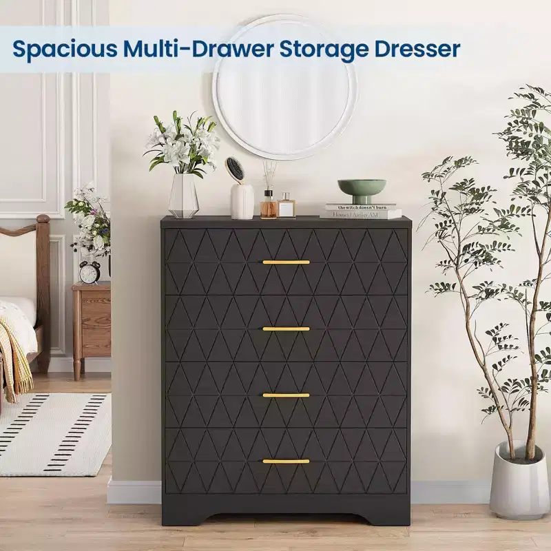 4-Drawer Tall Wood Dresser with Gold Handles, Modern Storage Chest with Wide Top for Bedroom, Closet, Living Room or Hallway
