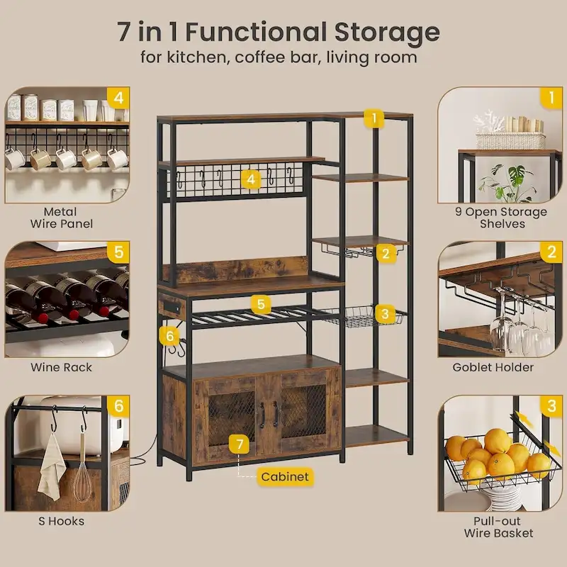 47.2 in Bakers Rack with Power Outlet Coffee Bar with Cabinet
