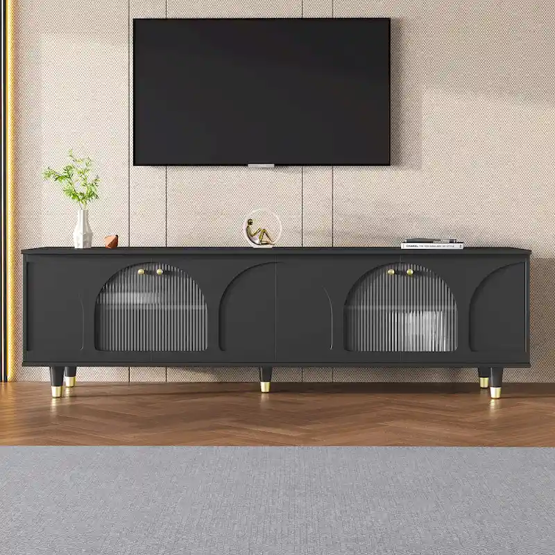 Stylish Media Console with Gold Handles and Arch Fluted Glass Doors