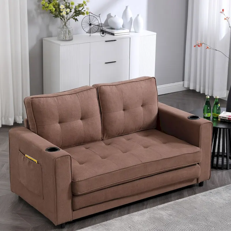 Oaks Aura Upholstered Futon Sofa with Pull-Out Sleeper Couch, Muticolour Choice Foldable Tufted Loveseat With Cup Holder
