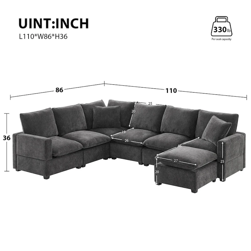 U Shape Modular Sofa, 7 Seat Chenille Sectional Upholstered Couch Set