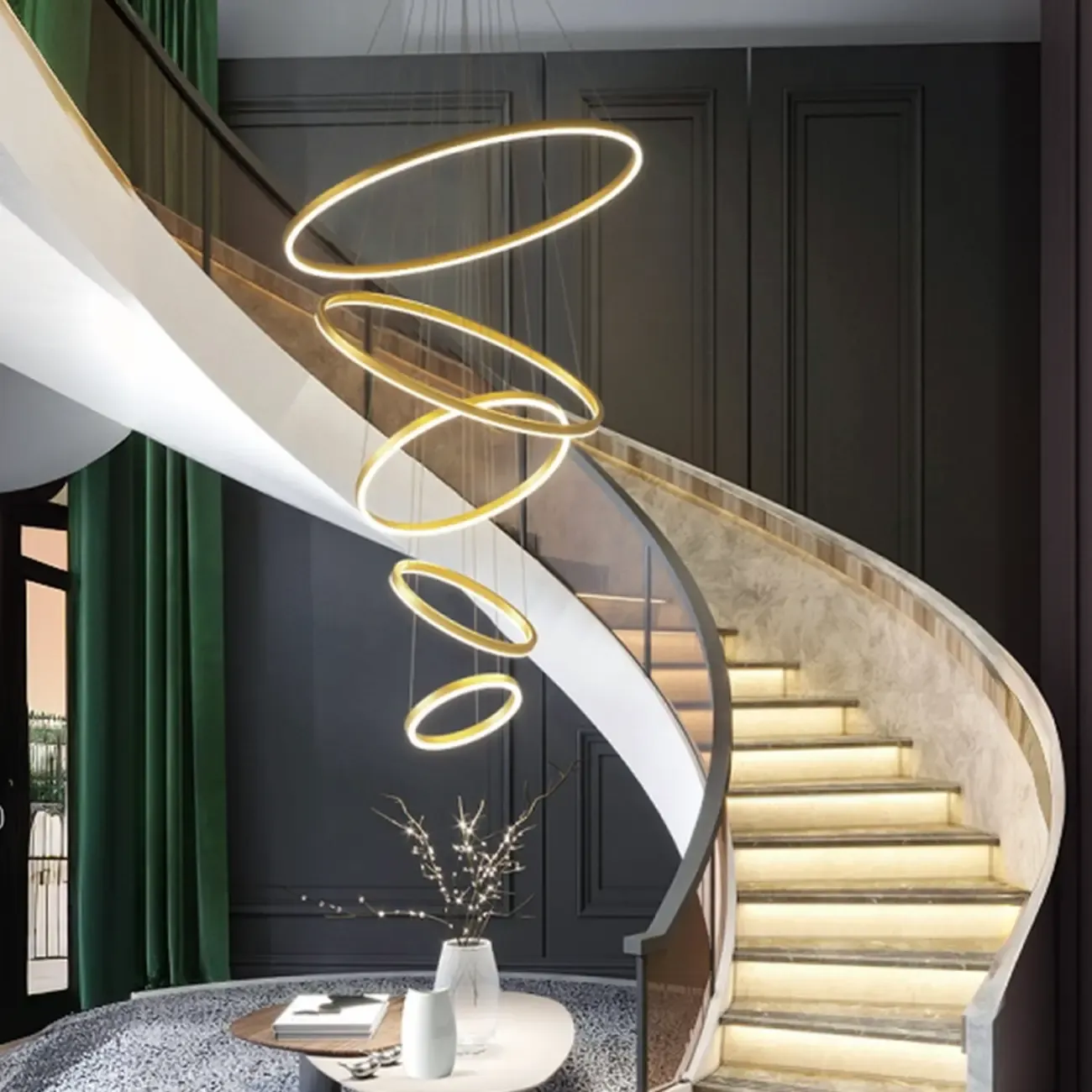 Circle Modern Tiered Remote LED Ring Chandelier for Stairway