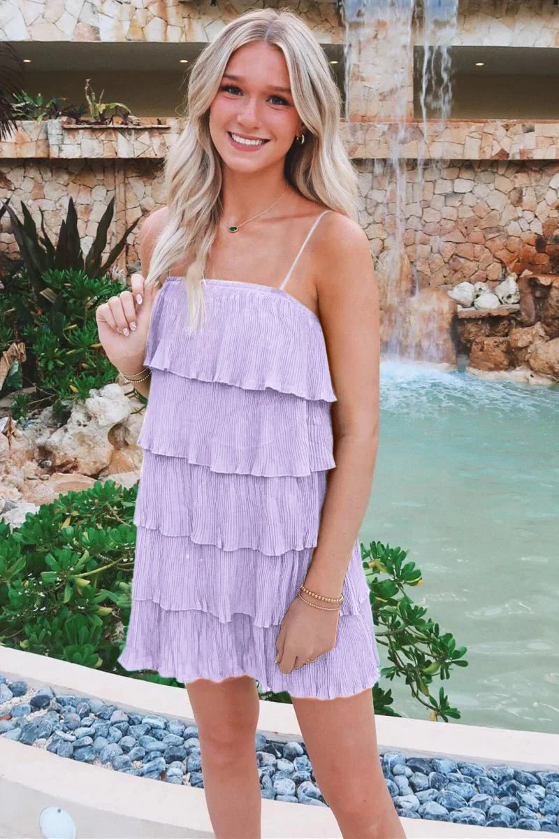 Green Spaghetti Strap Ruffle Tiered Pleated Party Dress