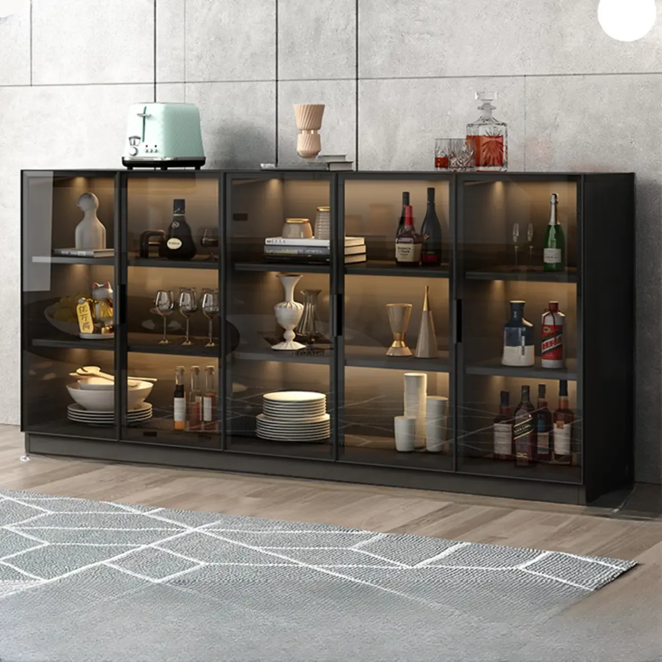 Large 3 Shelves Glass Wood Black Sideboard with LED Light