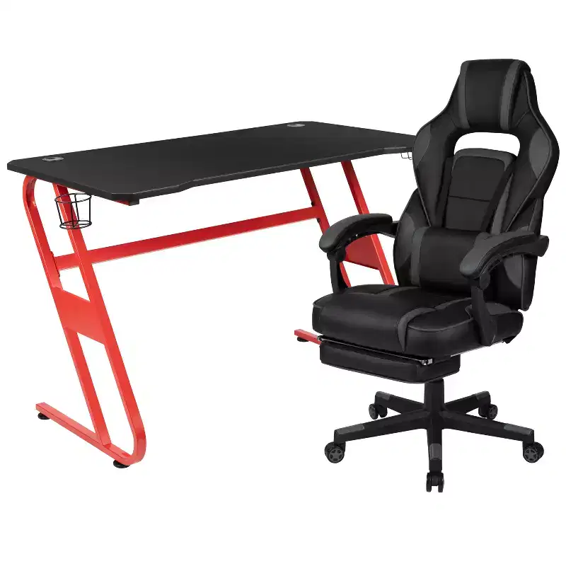 Flash Furniture Gaming Desk with Cup Holder/Headphone Hook & Reclining Back/Arms Gaming Chair with Footrest