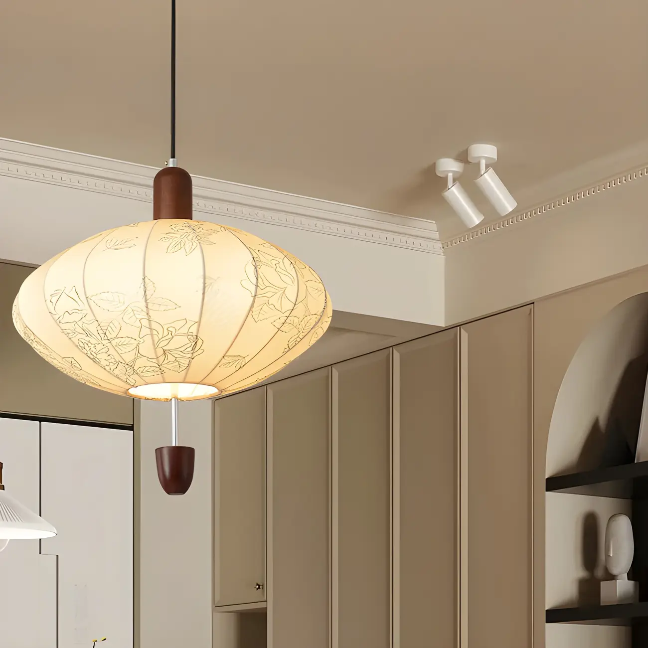 Elegant Flower Pattern Beige Fabric Geometric Chandelier