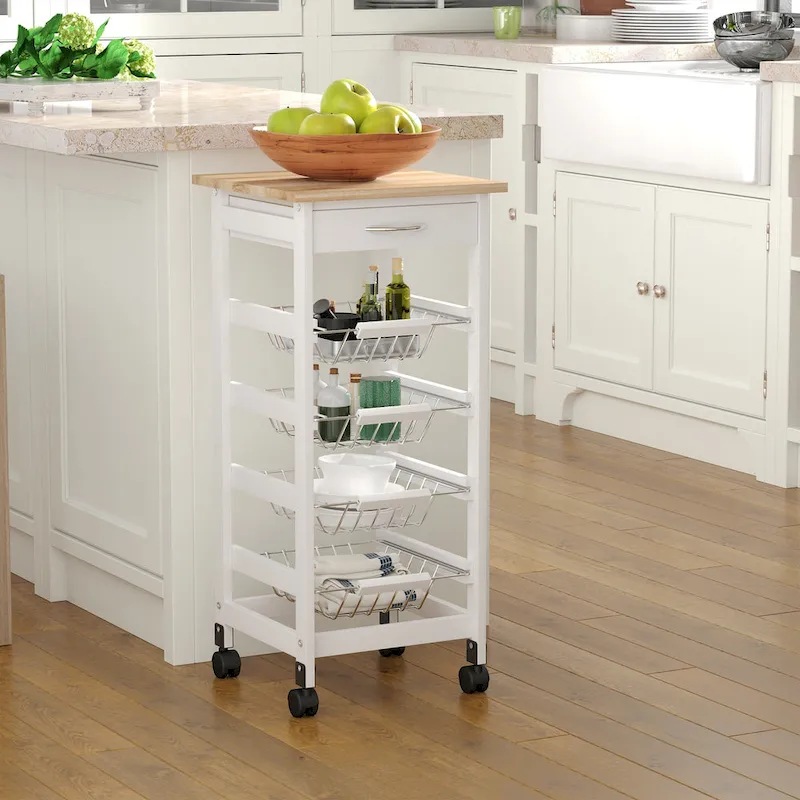 HOMCOM 32.25 Wooden Rolling Kitchen Storage Cart on 360-deg Swivel Wheels with Ample Storage Space & Solid Structure