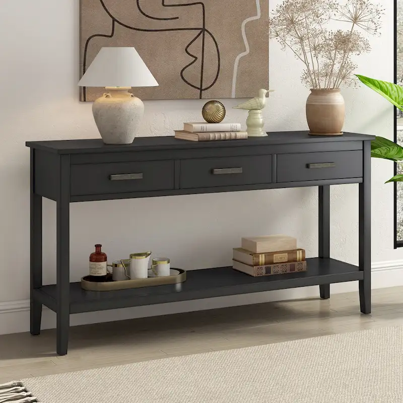 Navy Blue / Gray / Black Minimalist Console Table with Drawer and Open Shelf – 59 in