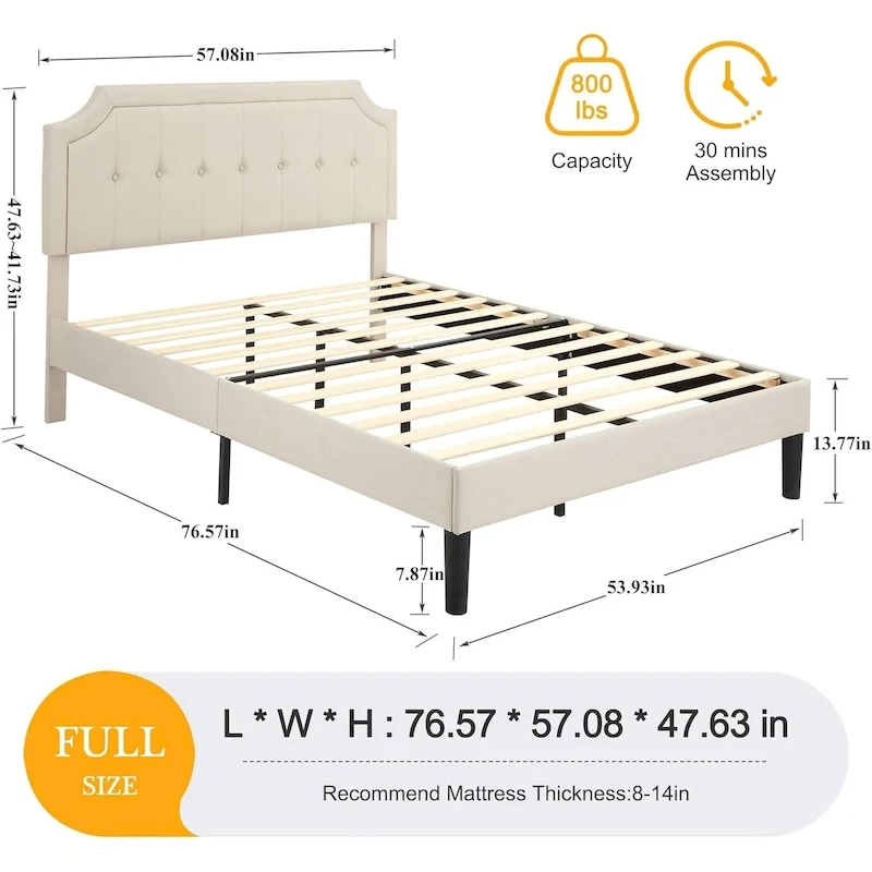 Javlergo Modern Upholstered Bed Frame with Height Adjustable Headboard, No Box Spring Needed