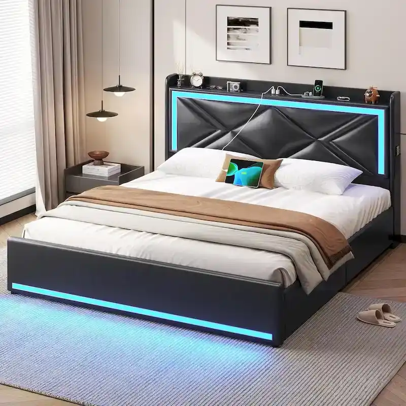 Bed Frame LED Lights Headboard & USB-C/A Charging Station 4 Drawers