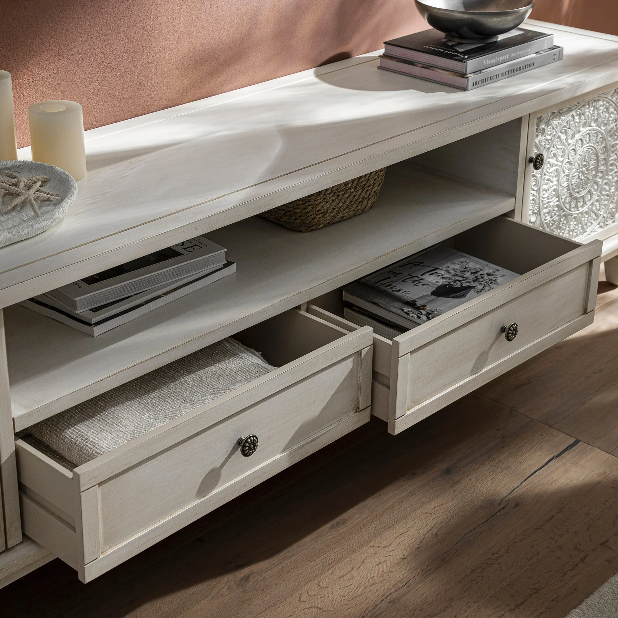 Whitewashed 79 Wide TV Stand