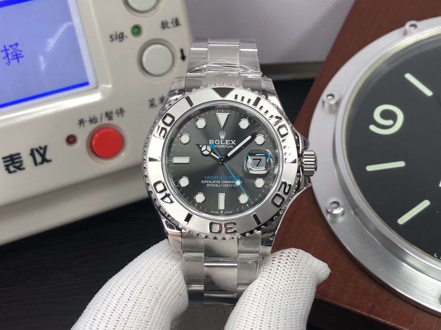 Rolex Yacht-Master replica front view with grey dial and Oyster bracelet