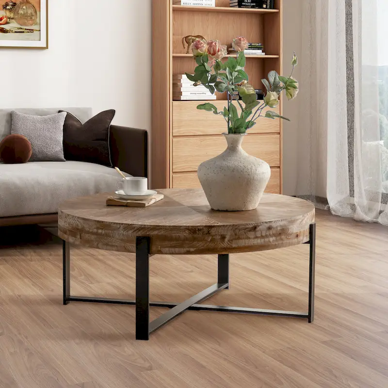 31 W Round Coffee Table With Fir Wood Table Top and Metal Frame End Table