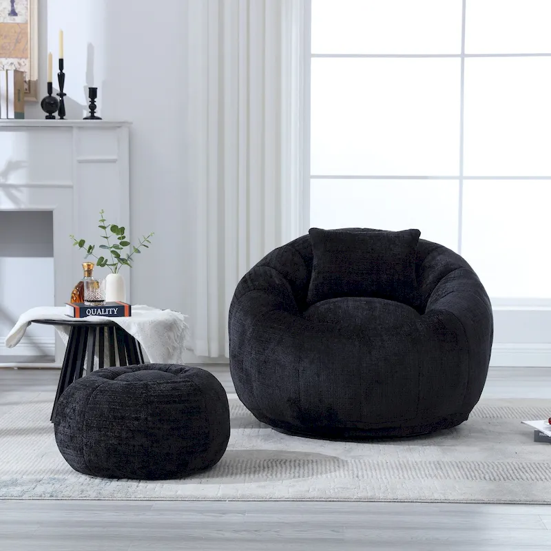 HOMEFUN Chenille Upholstered Round Lazy Cozy Bean Bag Chair with Ottoman and a Pillow