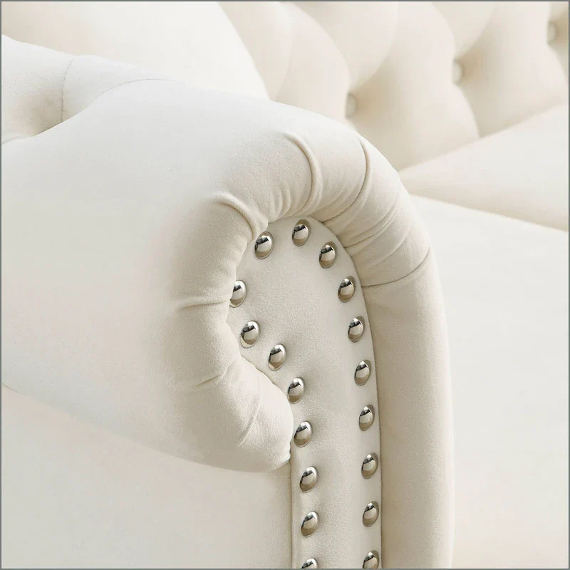 Beige Velvet Chesterfield 3 Seater Sofa with Rolled Arms, Nailhead Trim, 2 Pillows