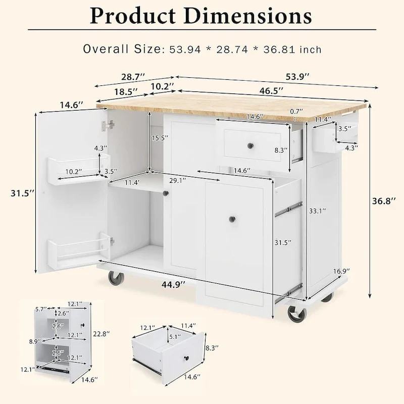 53.9 W Modern Versatile Kitchen Island with Drop Leaf and 3 Drawer Cabinets