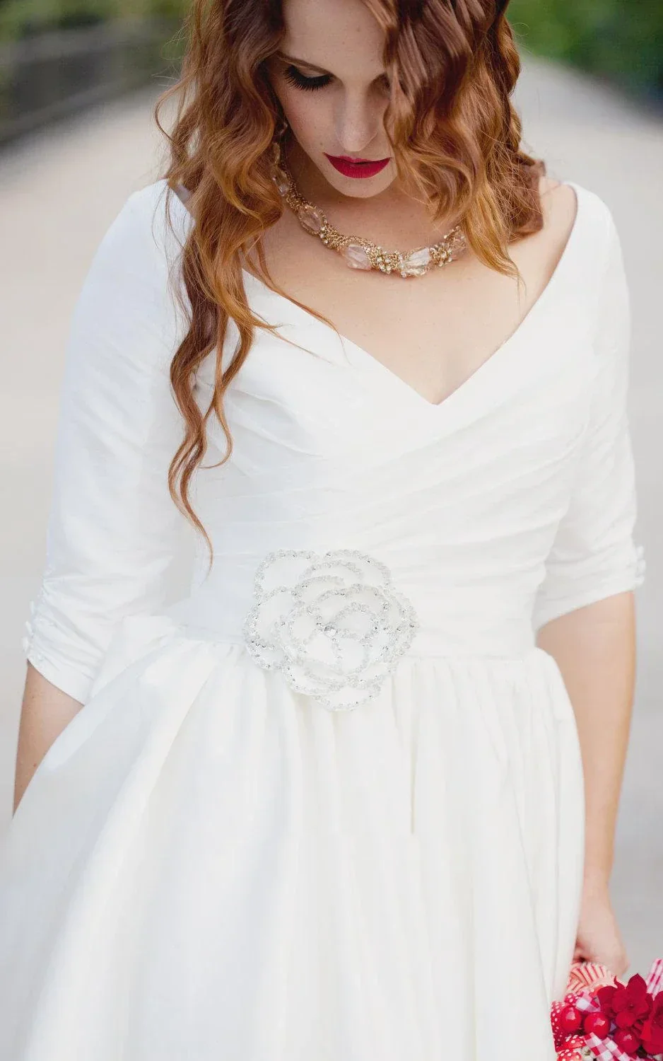 Knee Length Wedding Dress With 3/4 Sleeves