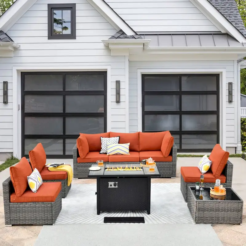 XIZZI 8-piece Patio Wicker Furniture Sectional Set with Firepit