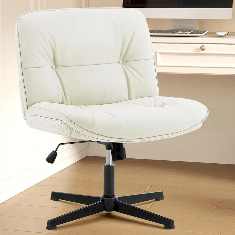 Criss Cross Legged Chair No Wheels Armless Wide Seat Adjustable Height Swivel Thick Padded PU Leather Comfortable Home Office