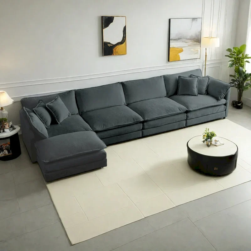 5-Piece Modular Chenille Upholstered L-Shaped Sectional Sofa with Ottoman