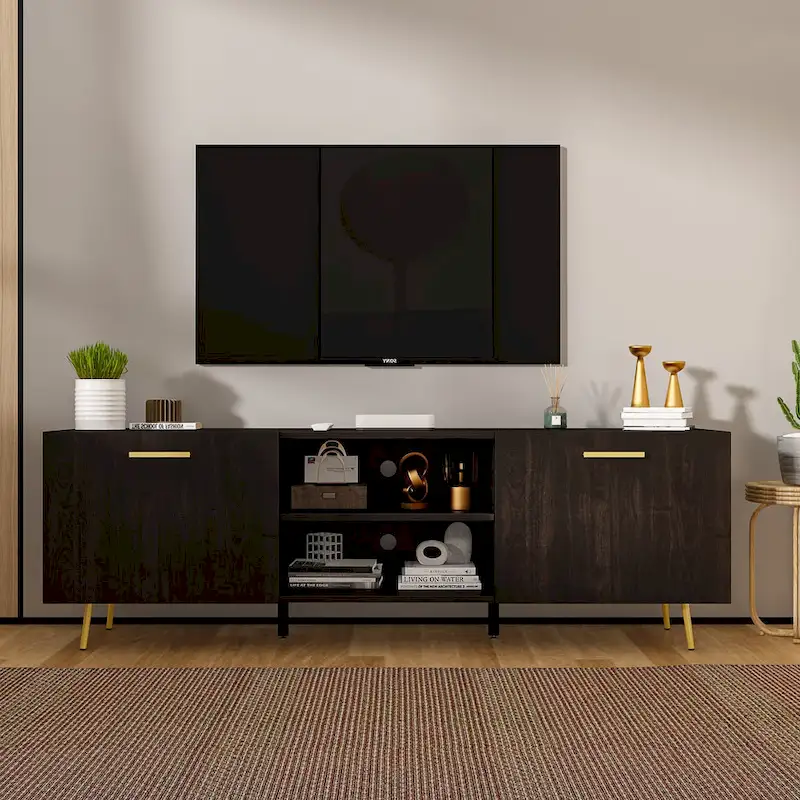 Black TV Stand with Gold Legs - 2 Door Storage for Living Room
