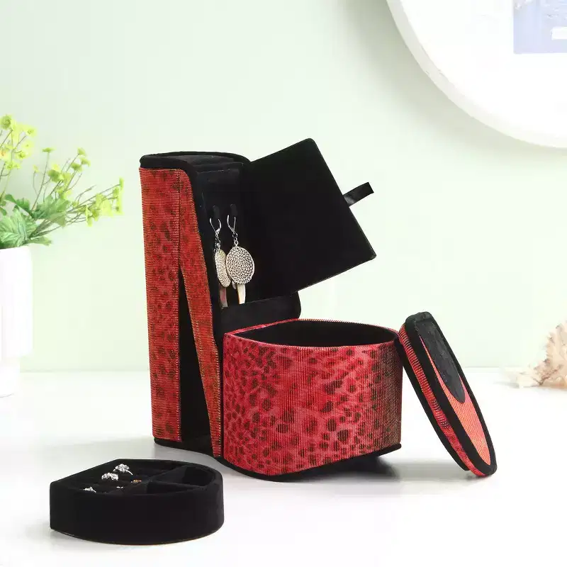 High Heel Shoe Jewelry Box with Hidden Storage, Leopard Print Display Organizer for Rings, Earrings and Small Accessories