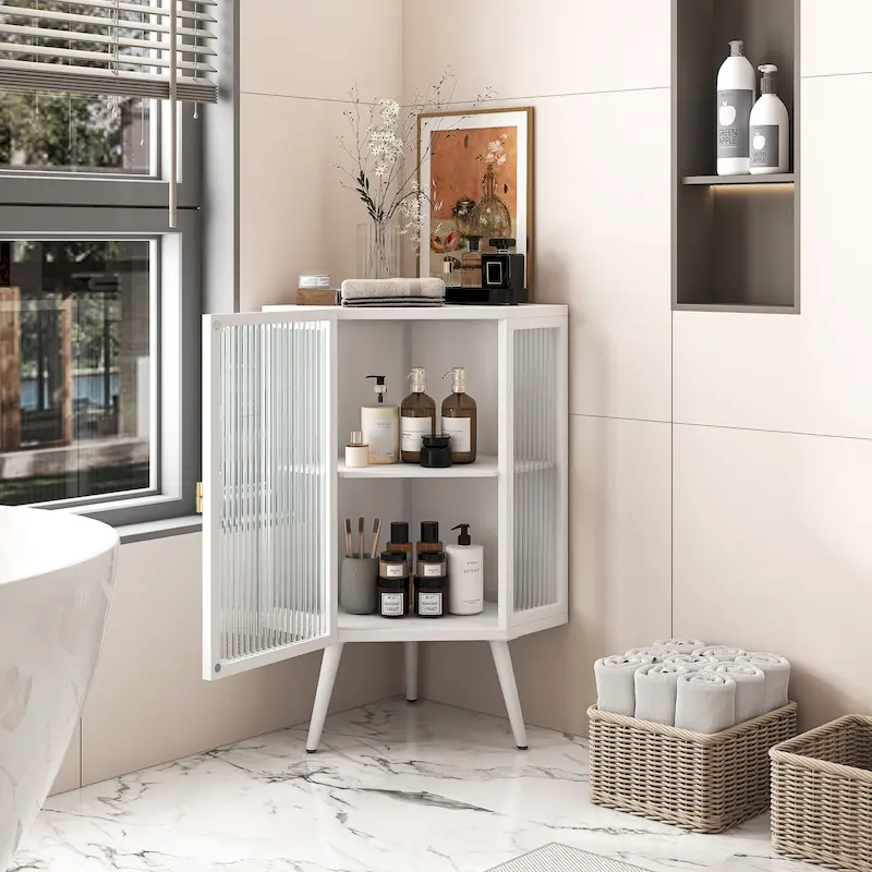 White & Black Corner Floor Cabinet with Tempered Glass Door, 1-Person
