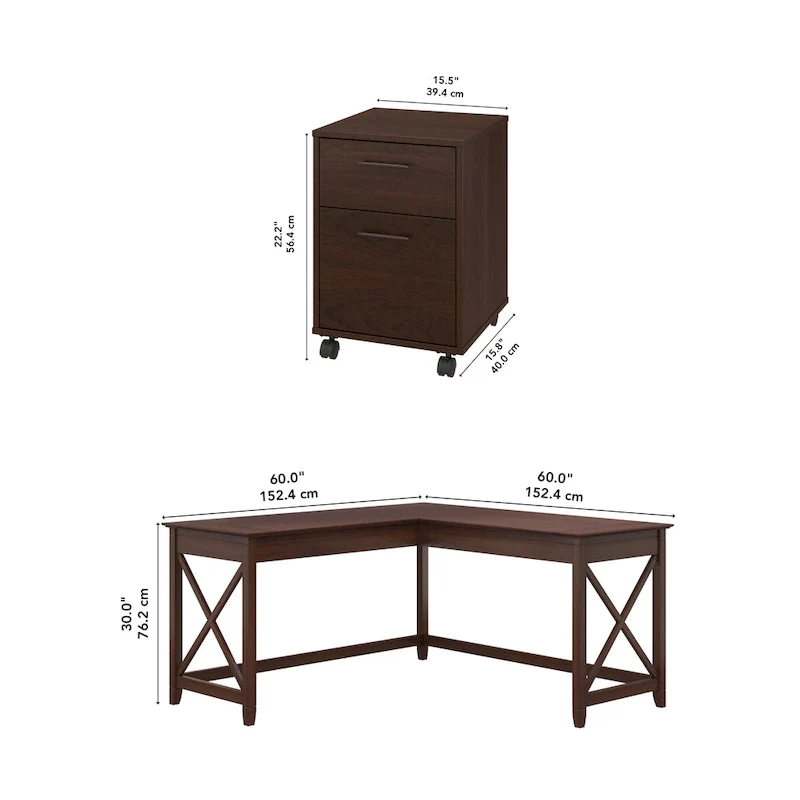 60W L Desk with 2 Drawer File Cabinet