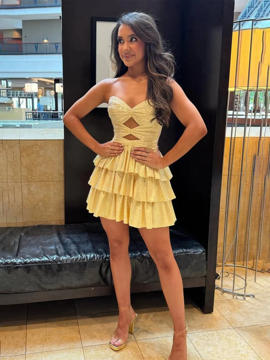 Yellow - A Line Sweetheart Satin Cut Out Ruffled Homecoming & Cocktail Dresses with Beads